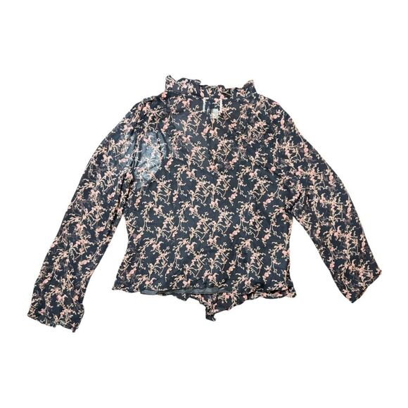 Y2K Vision Apparel Silk Black + Pink Beaded Tie Floral Sheer Blouse Size Large - Picture 4 of 8